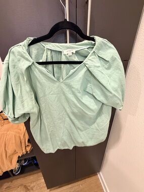 Umgee Mint Green Puff-Sleeve V-Neck Blouse